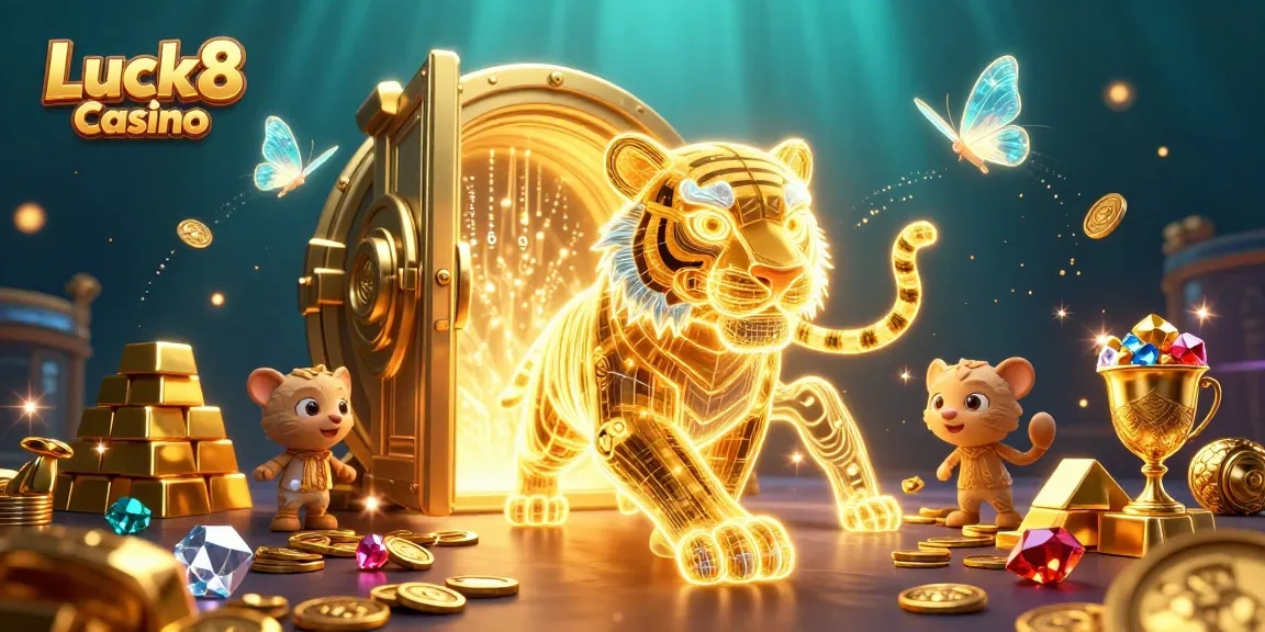 Experience the thrill of Luck8 Casino with a dynamic 3D digital casino scene filled with treasures.