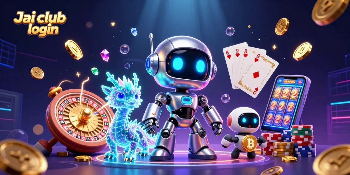 Engage in interactive gaming with Jai club login, featuring a lively cyberpunk scene filled with casino elements.