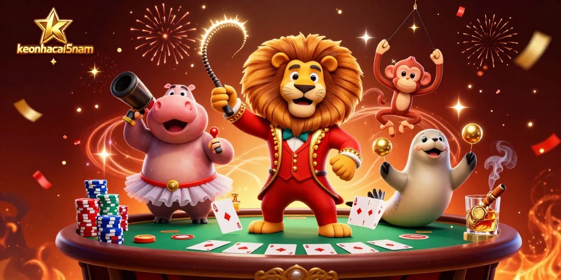 Experience thrilling excitement with keonhacai5nam at a vibrant casino scene featuring engaging cartoon characters.