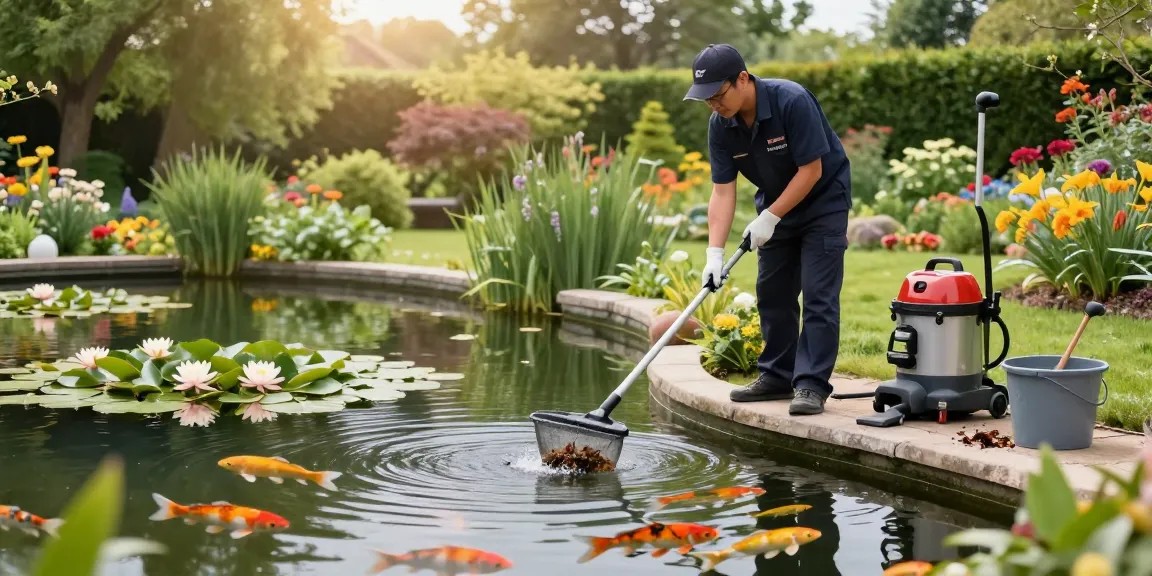 Pond Clean Kent - Professional pond cleaner removing debris from a garden pond in Kent, showcasing vibrant koi fish and lush surroundings
