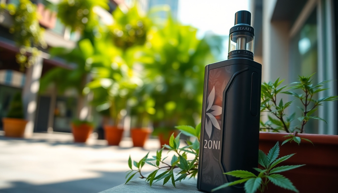 Using a weed vape uk device in an urban setting with vibrant greenery around.