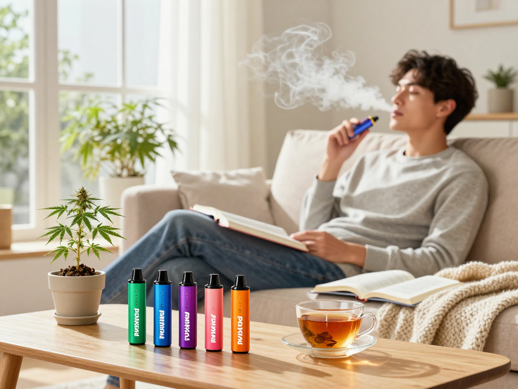 Melt Packman vape while enjoying natural wellness with premium vape device and CBD oil in bright cozy living room.