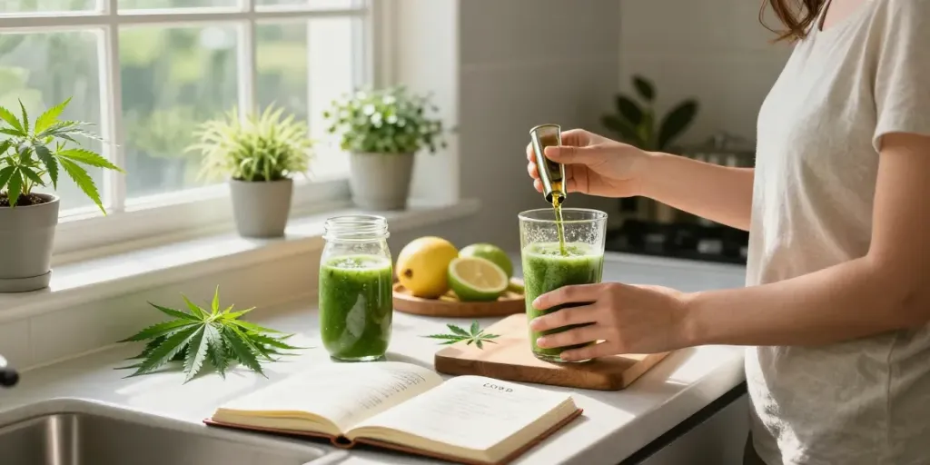 Buy weed in Milton Keynes with CBD oil, organic fruits, and healing herbs in a morning wellness routine.
