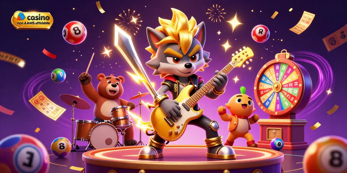 Vivi l'emozione dei casino non AAMS affidabile con una dinamica scena 3D che presenta un lupo rock star e un orso batterista che celebrano tra elementi colorati del casinò.