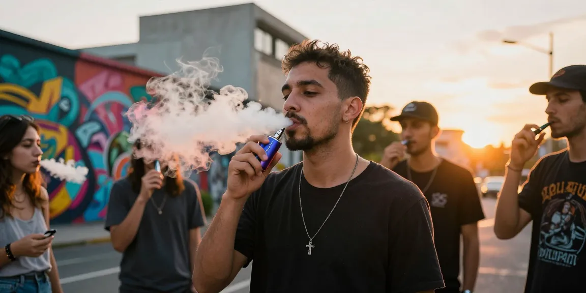 Hayati proma vaper enjoying the sunset with colorful vapor clouds in a lively urban setting.