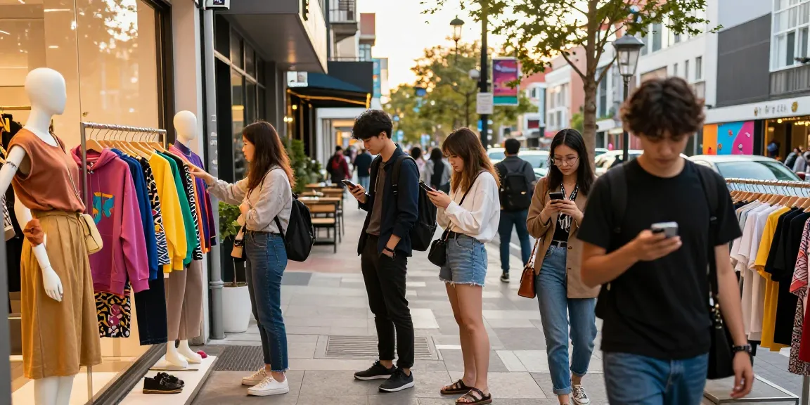 Diverse shoppers engaging with fashion items at https://shs-dome5.com/ in an urban setting.