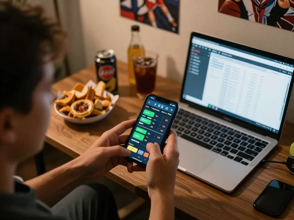 Person actively engaging in sports betting on smartphone, showcasing keo nha cai odds in lively home setting.