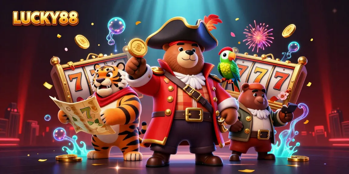 Engage with the LUCKY88 slot adventure featuring a cartoon pirate bear, tiger, and vibrant gaming elements.