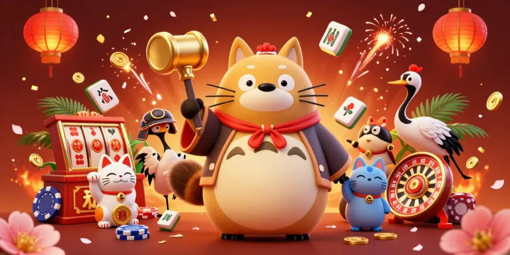 Engaging 3D illustration depicting 88kbet's vibrant casino atmosphere with a cheerful tanuki, samurai crane, and waving fortune cats.