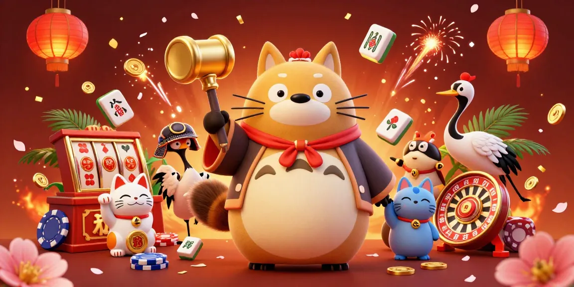 Engaging 3D illustration depicting 88kbet's vibrant casino atmosphere with a cheerful tanuki, samurai crane, and waving fortune cats.