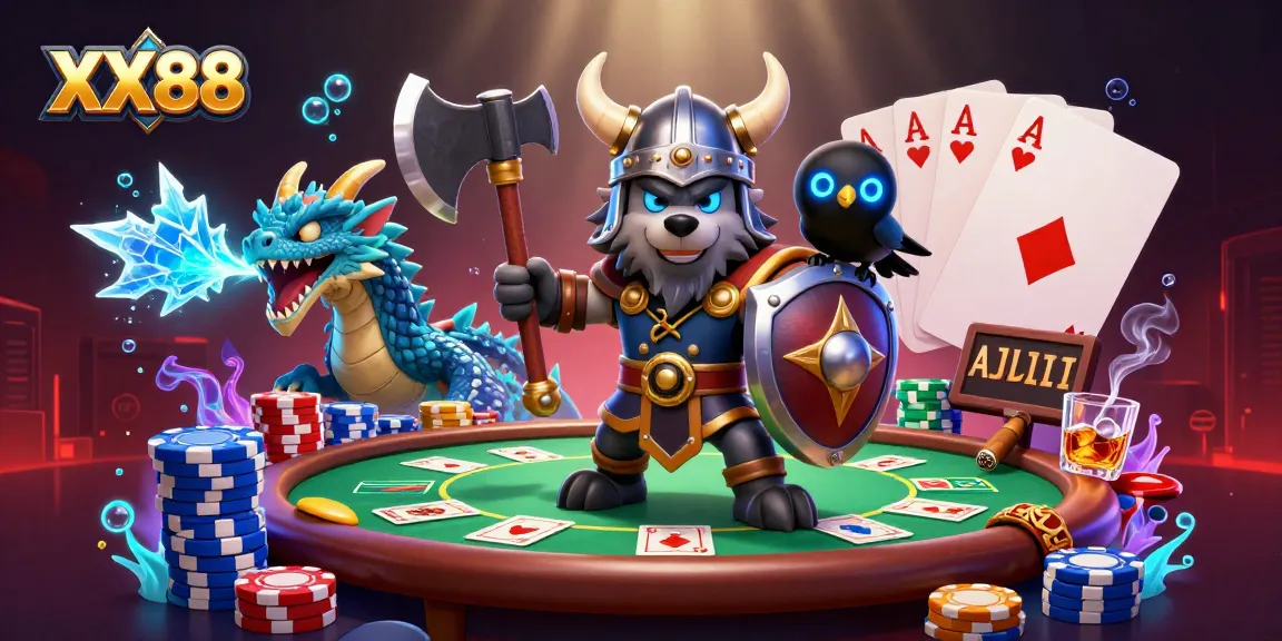 Engage in thrilling gameplay at XX88 with Viking warrior and fierce dragon surrounded by poker elements.