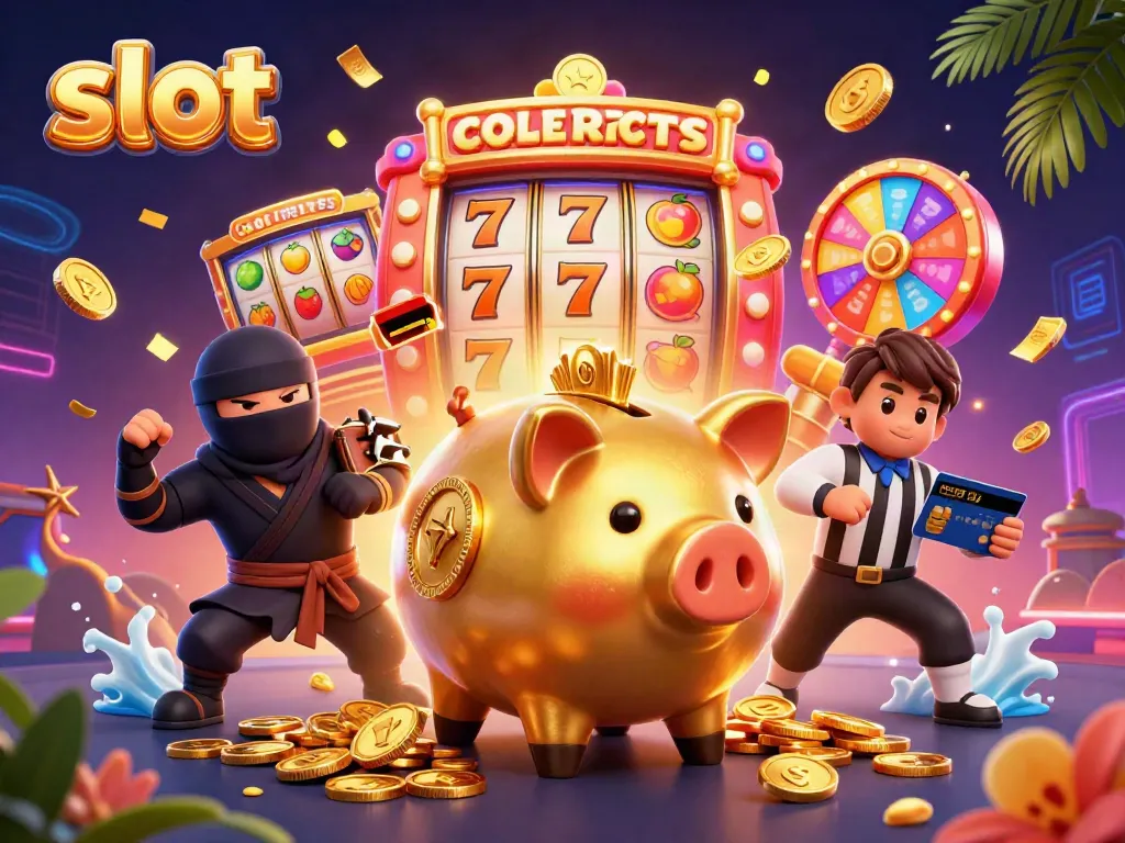 Engaging scene featuring a sumo wrestler piggy bank and ninja amid dynamic slot game elements, promoting fun.