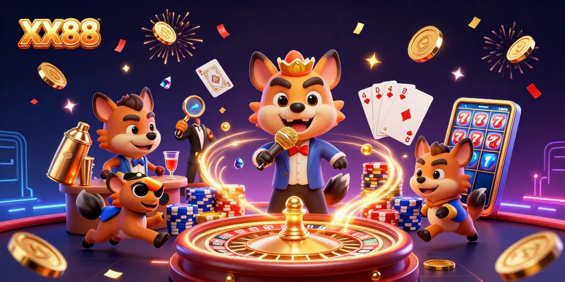 Witness hyenas bringing excitement to XX88's dynamic casino with sparkling gems and golden coins flying around.
