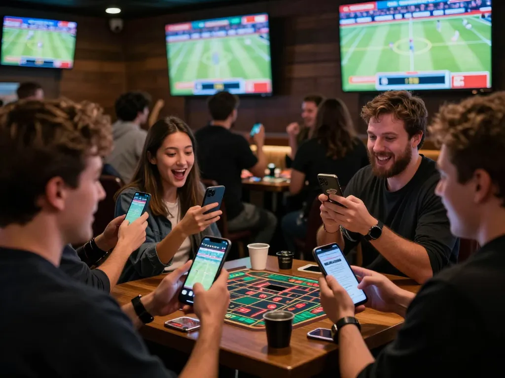 Engaged sports fans actively placing bets on their smartphones while enjoying the live event at https://rr88.auction/