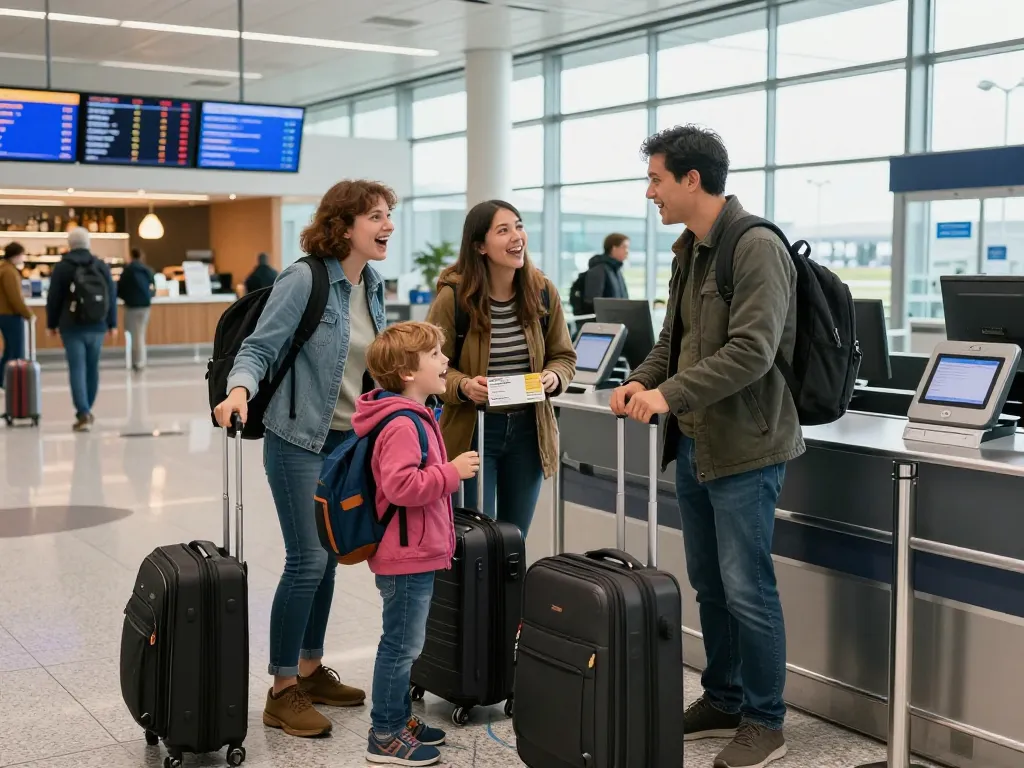 Family excited for their journey to dinburgh Airport from Halifax; at the check-in kiosk in a lively airport terminal.