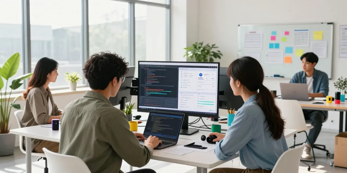 Collaborative workspace with professionals discussing 纸飞机中文版 app development in a modern tech environment.