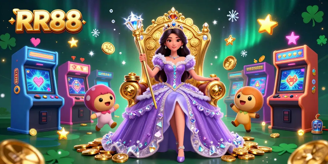 Win big at RR88 with a vibrant casino scene featuring a regal princess and arcade elements.