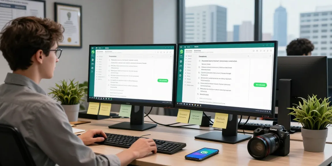 Using WhatsApp電腦版 in a modern office workspace with dual monitors and a smartphone, showcasing an efficient communication setup.