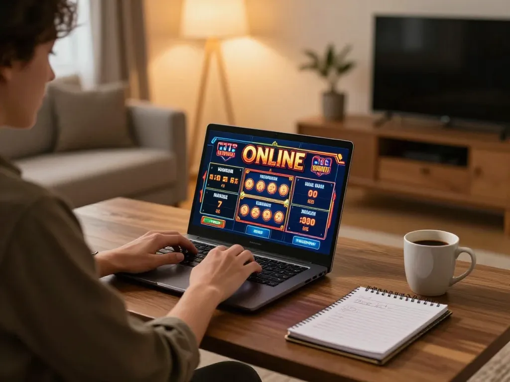 HB88 players engaging with online slots on a cozy home setup, highlighting strategic gameplay.