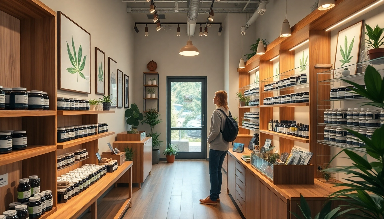 Order cannabis online at a modern dispensary featuring various cannabis products on display.