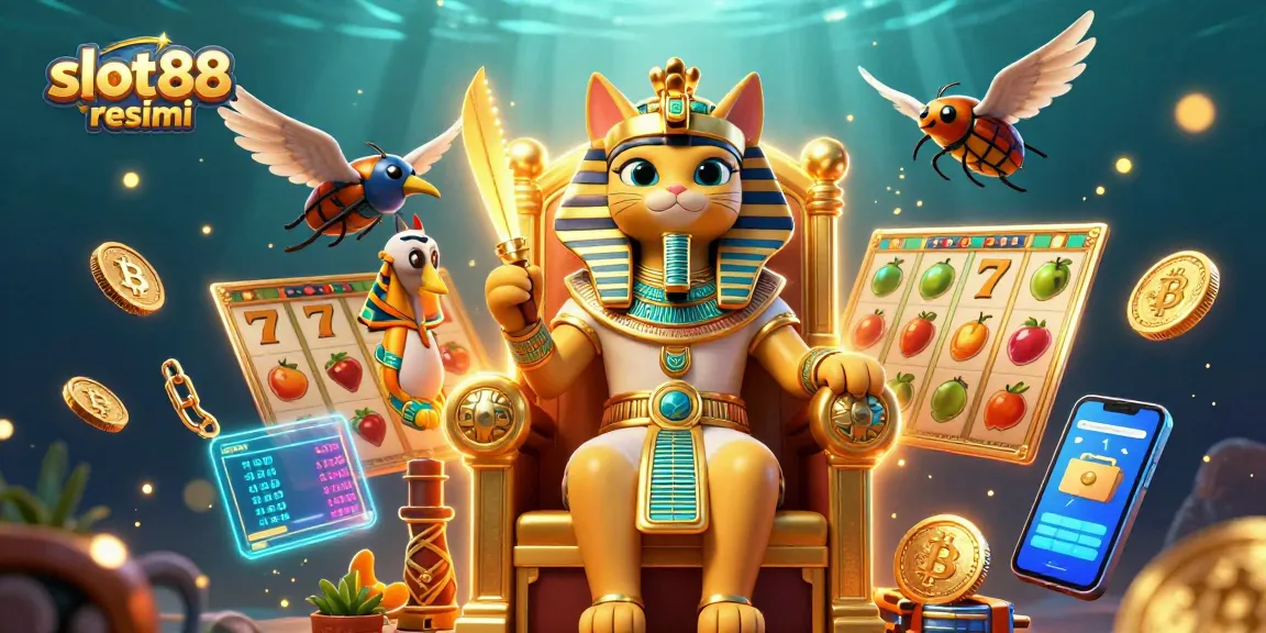Terlibat dengan taruhan tinggi di slot88 resmi yang menampilkan kucing pharaoh yang triumphant di tengah kekayaan dan koin crypto neon.