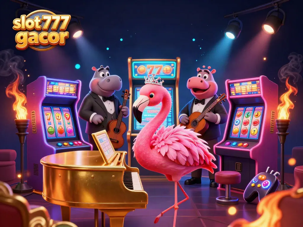 Slot 777 gacor menampilkan flamingo penyanyi dengan alat dan simbol slot berkilau di latar belakang penuh warna.