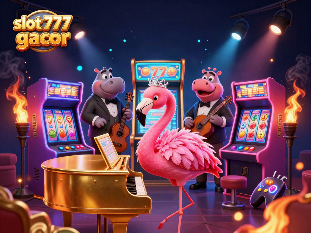 Slot 777 gacor menampilkan flamingo penyanyi dengan alat dan simbol slot berkilau di latar belakang penuh warna.