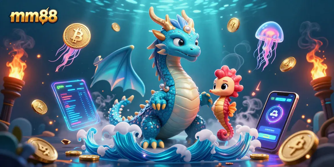 Spin jackpots and win big with mm88 in this vibrant underwater gaming illustration.