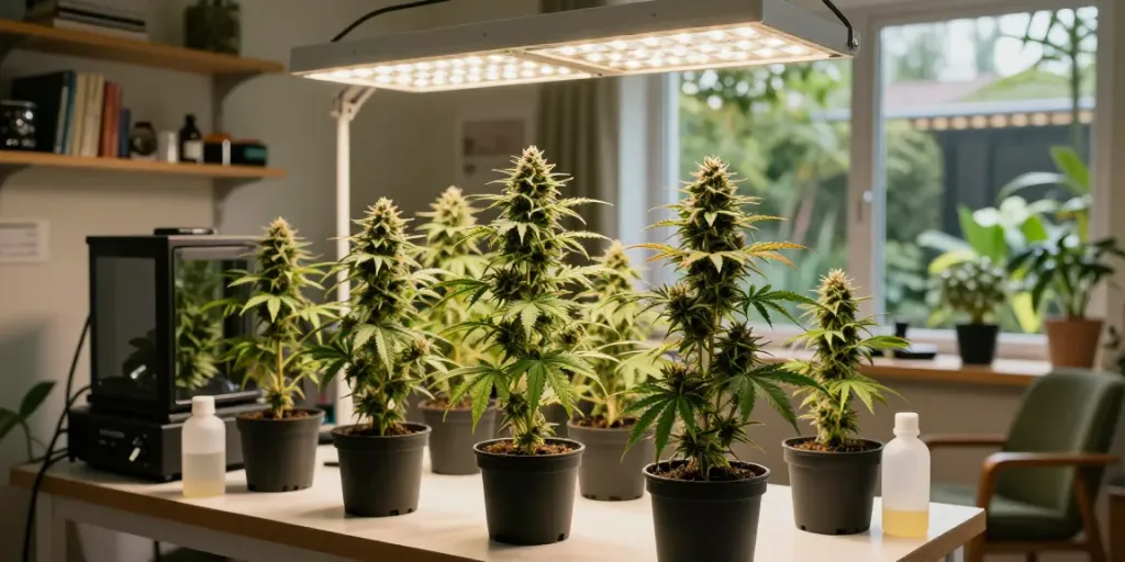Indoor scene of autoflowering cannabis seeds plants under grow lights, showcasing vibrant growth.