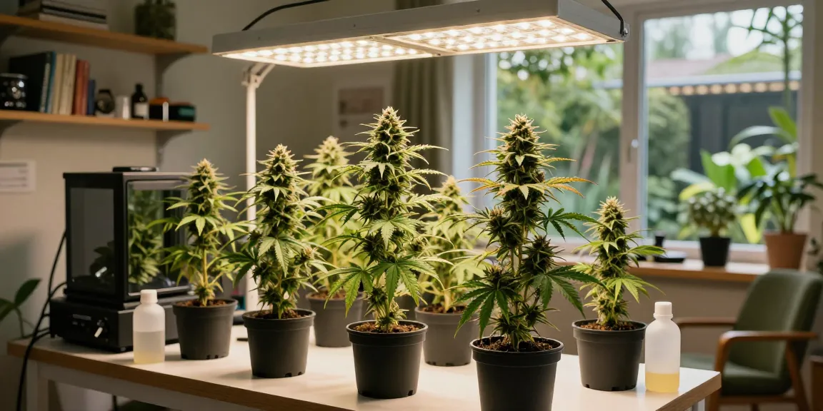 Indoor scene of autoflowering cannabis seeds plants under grow lights, showcasing vibrant growth.