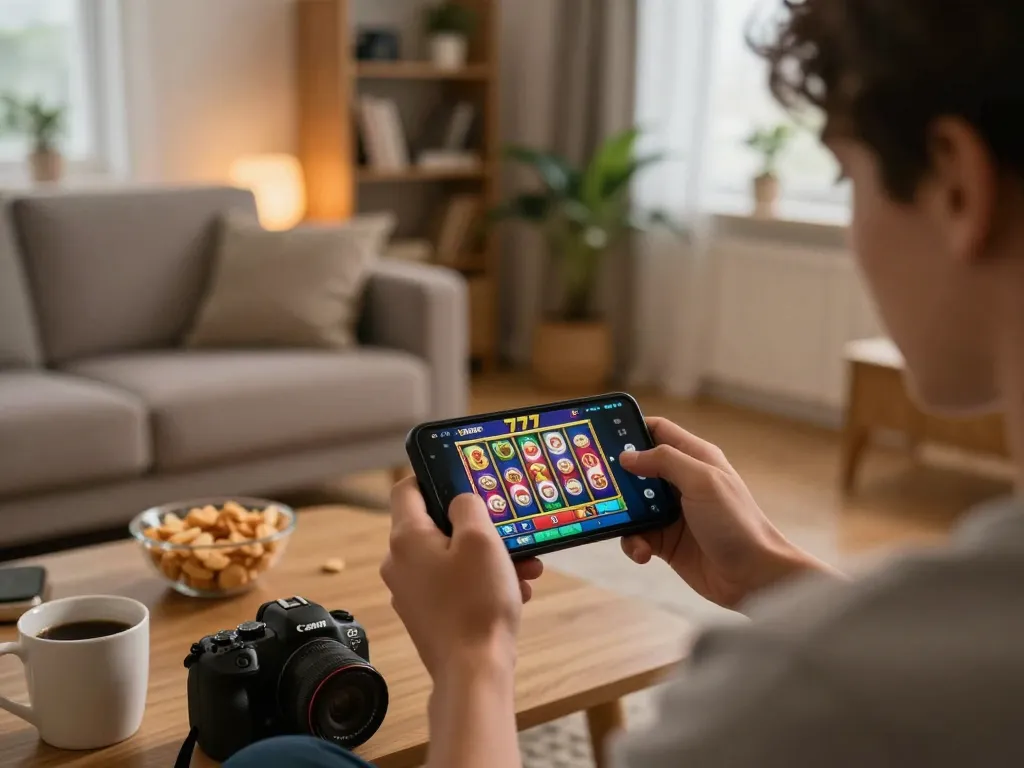 Playing slot777 on a smartphone in a cozy home setting, showcasing engaging virtual slot gameplay.