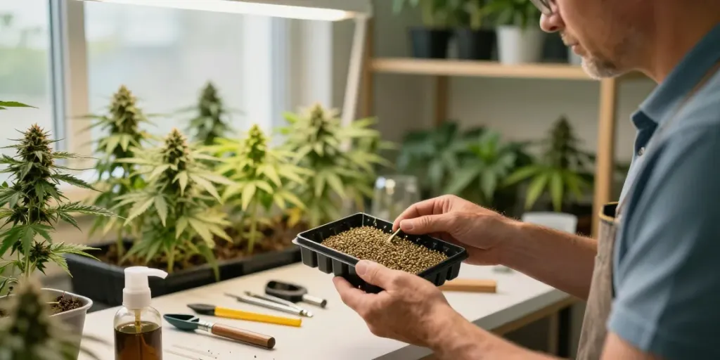Expert grower inspecting feminised cannabis seeds in a vibrant indoor garden.