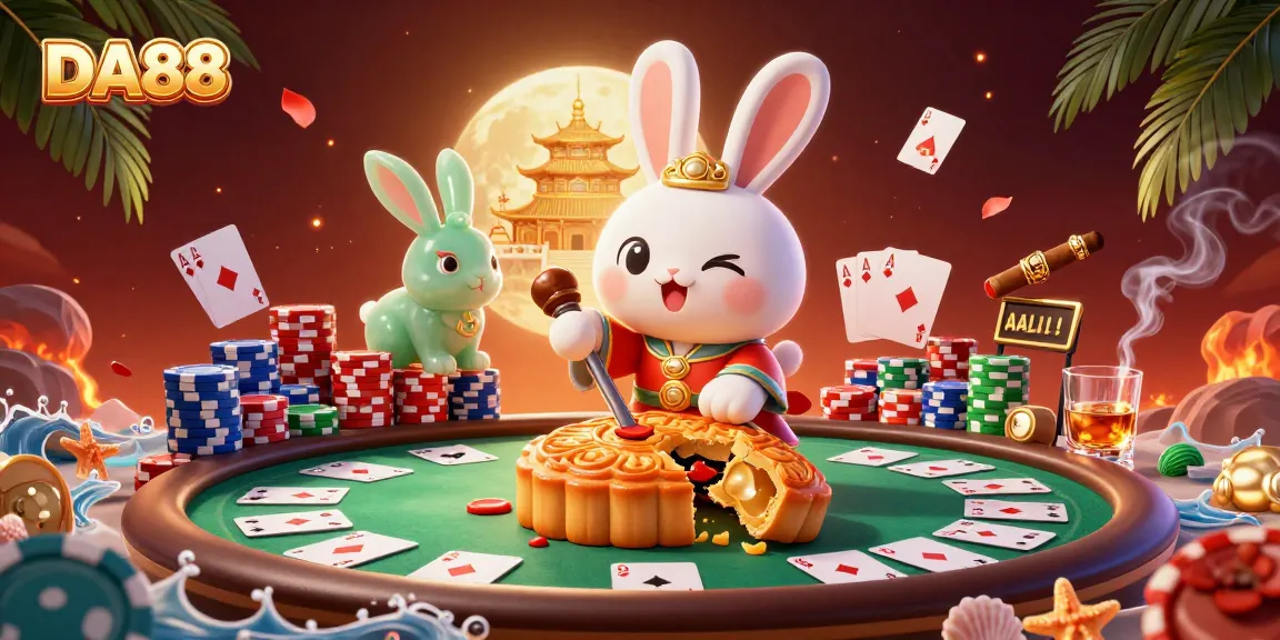 DA88 shines as a moon rabbit spins poker chips from mooncakes, creating an exciting casino atmosphere.