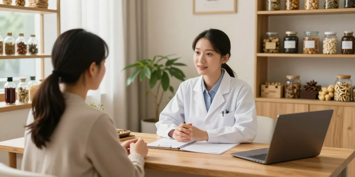 Consultation at 수원한의원 featuring a herbalist assisting a patient in a warm, inviting environment.