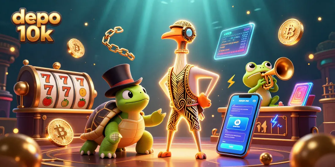 Playful scene depicting depo 10k slot reels and colorful casino characters in a lively speakeasy setting.