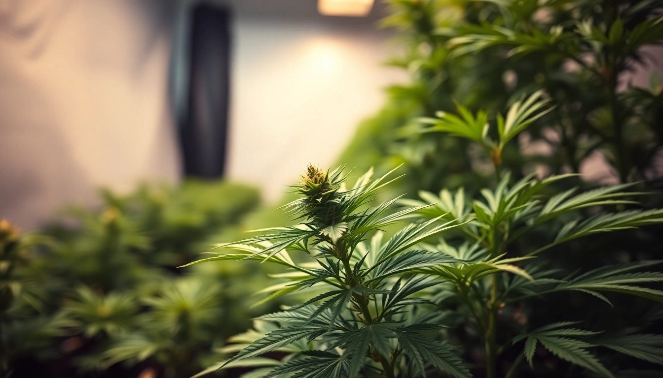 Showcase a vibrant cannabis plant representing GEEK THC's quality in an indoor grow room.