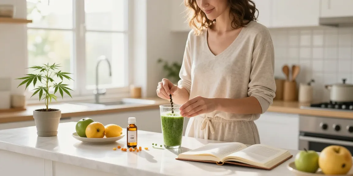 Natural wellness scene with CBD edibles and fresh ingredients, capturing a healthy lifestyle.