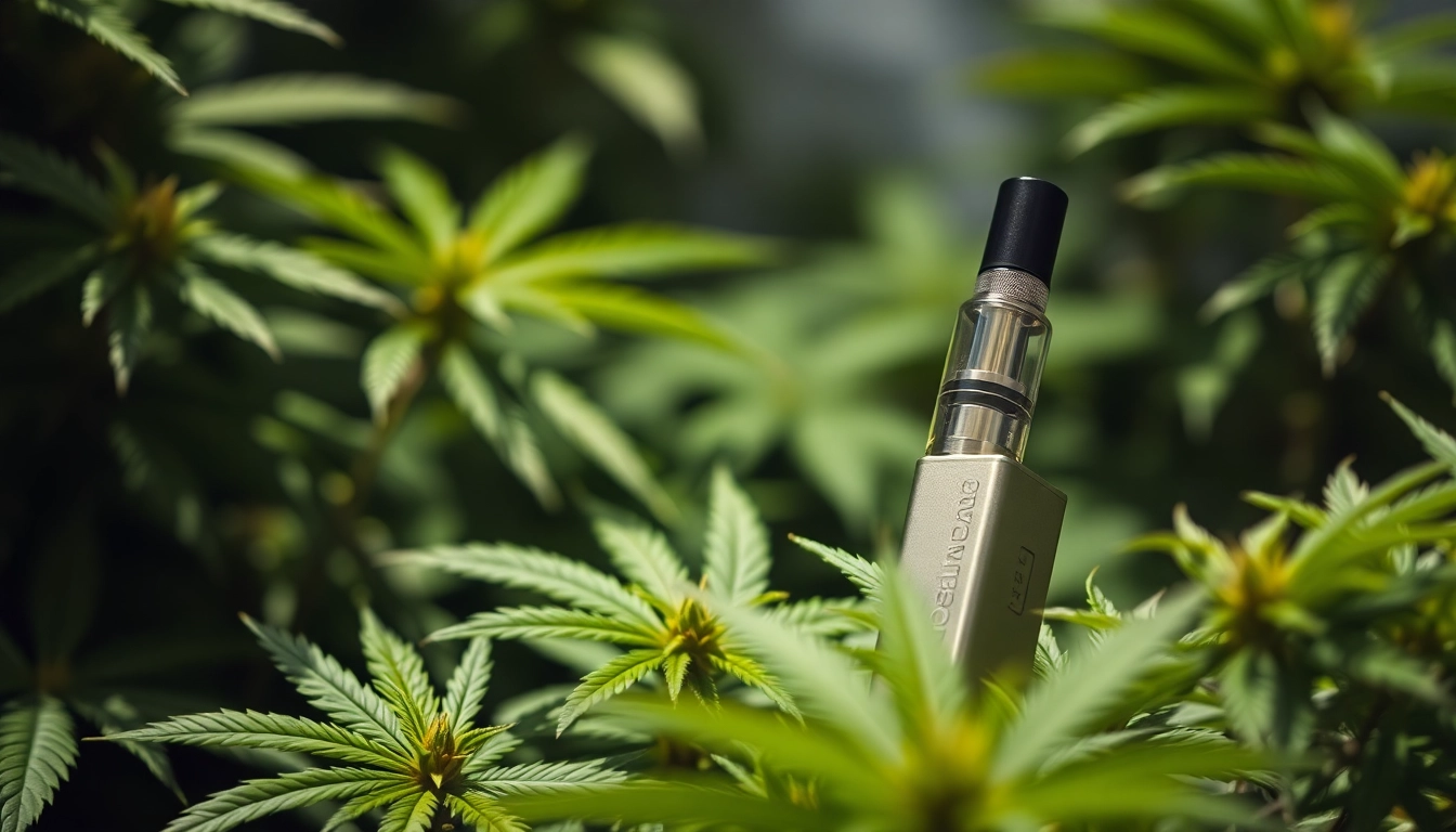 Showcase of a kurvana cartridge amidst lush cannabis leaves highlighting its premium design and quality.