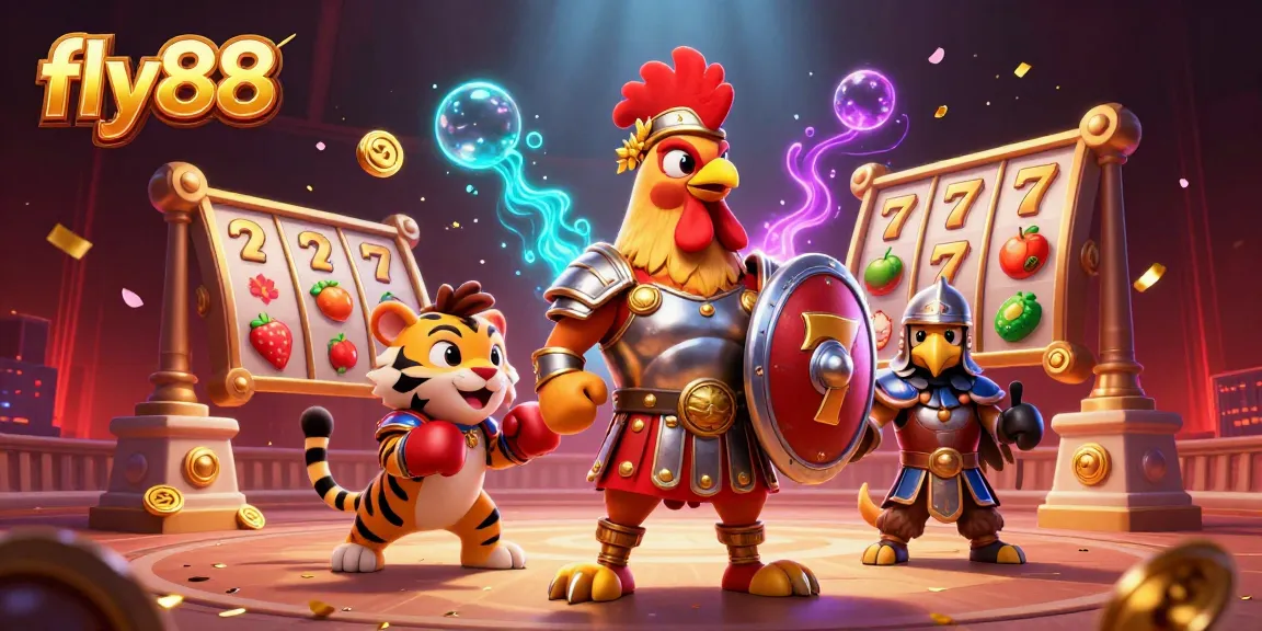 Experience the excitement of fly88 with a lively illustration of a gladiator rooster in a casino setting.
