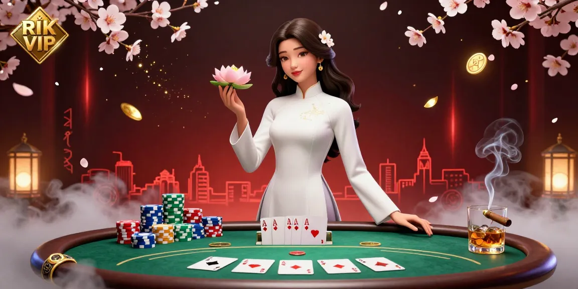 Experience thrilling gameplay at RIK VIP with an elegant Asian woman amidst dynamic casino scenes.