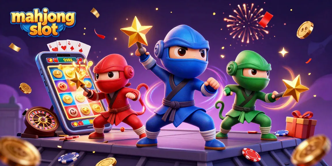 Engage with the mahjong slot experience featuring three cartoon ninjas and vibrant casino elements.