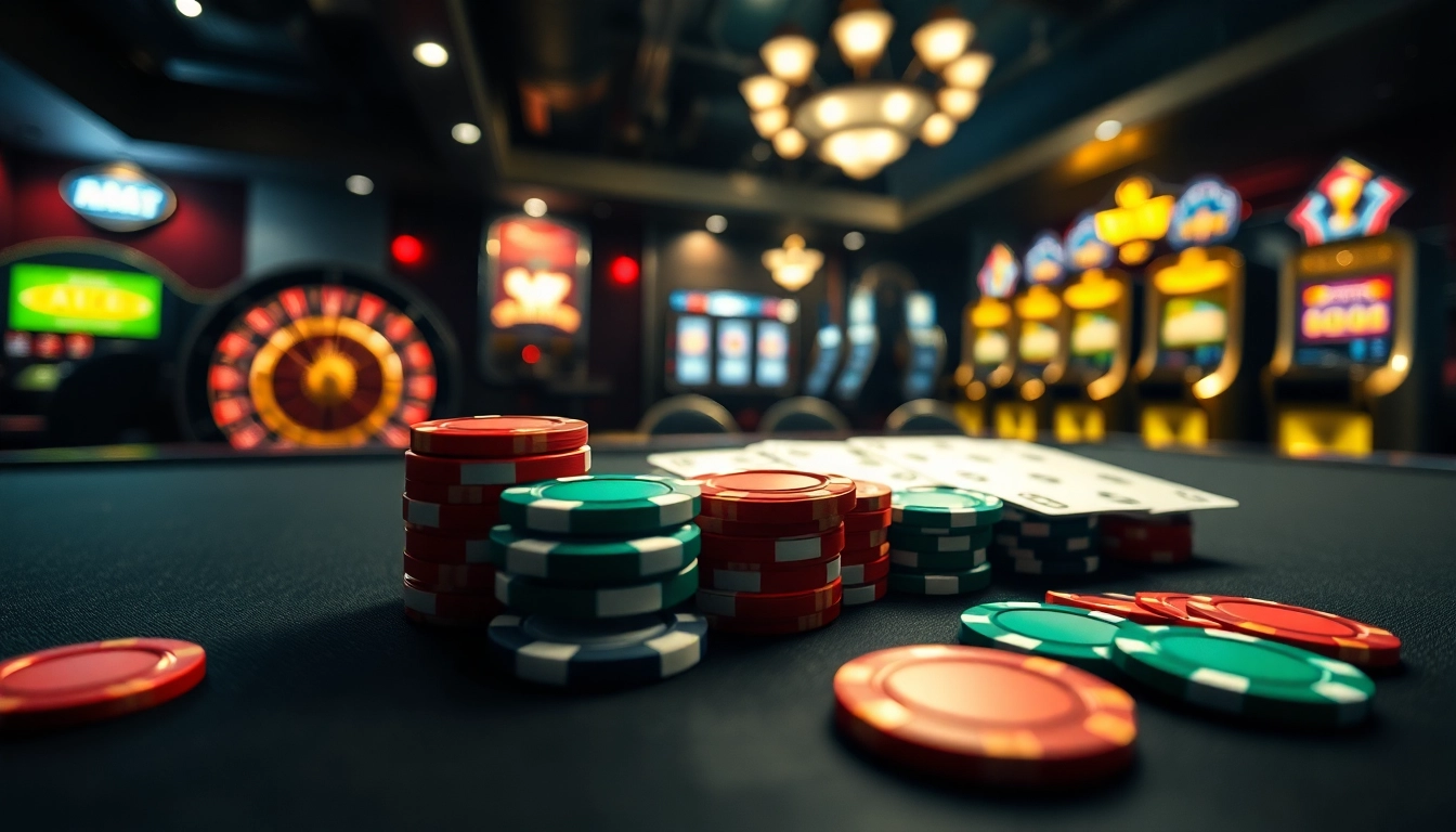 Engaging casino scene with poker chips and cards, representing geekthc in vibrant casino atmosphere.