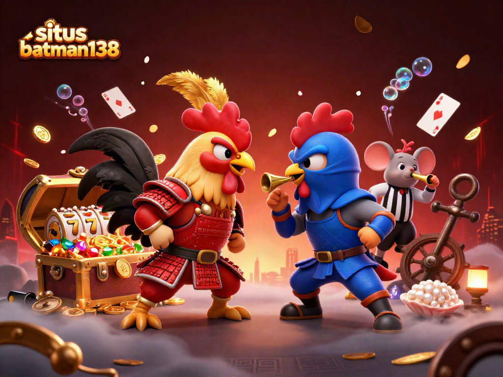Situs batman138 menawarkan pertarungan seru antara dua ayam 3D dalam armor samurai merah dan ninja biru.