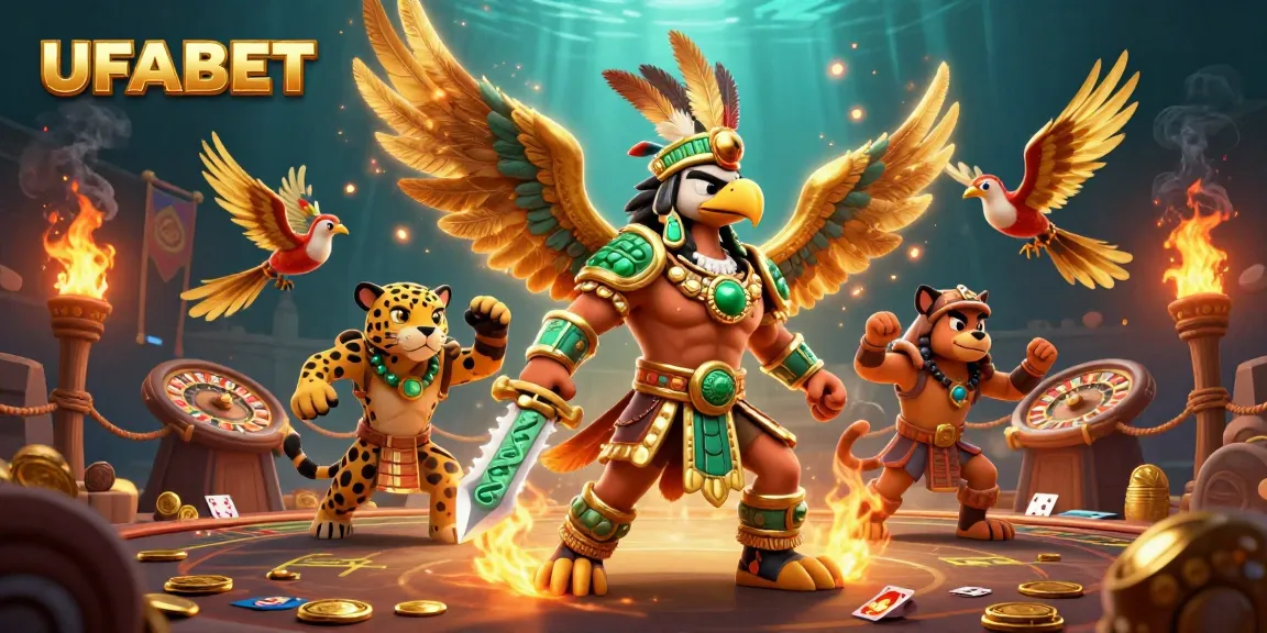 Spin the reels with UFABET in a vibrant 3D casino illustration showcasing Aztec warriors and roulette action.
