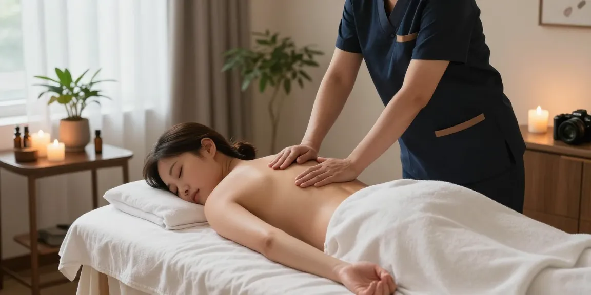 성동구출장안마을 받는 고객과 전문 마사지사의 평화로운 마사지 장면