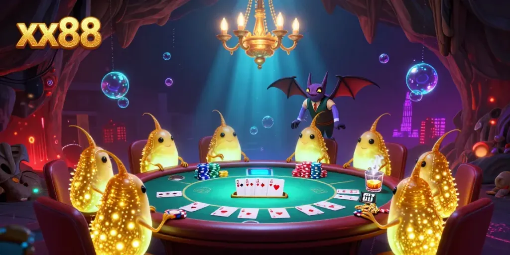 Experience an energetic glowworm casino scene at xx88 with poker action and colorful details.