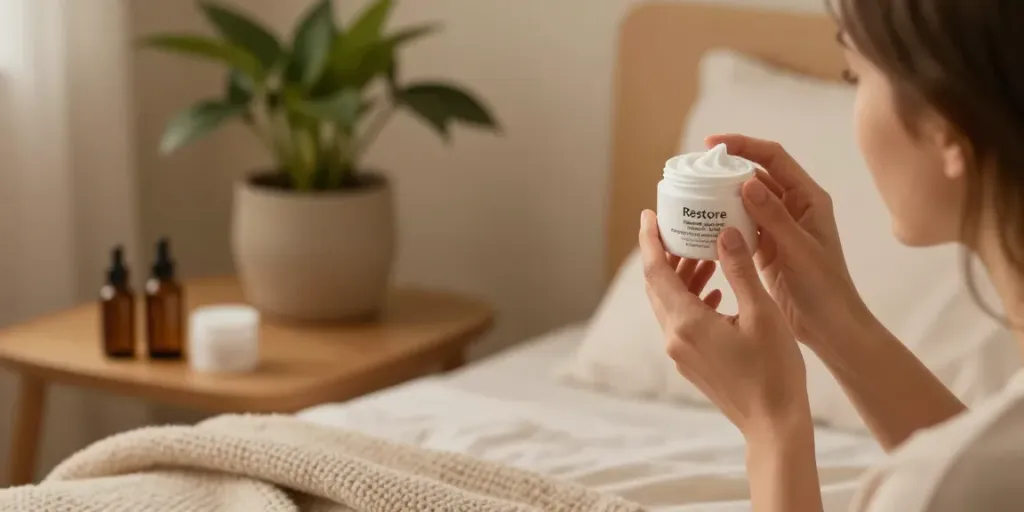 Applying Restore Barrier Night Crème for evening skincare routine in a cozy bedroom.
