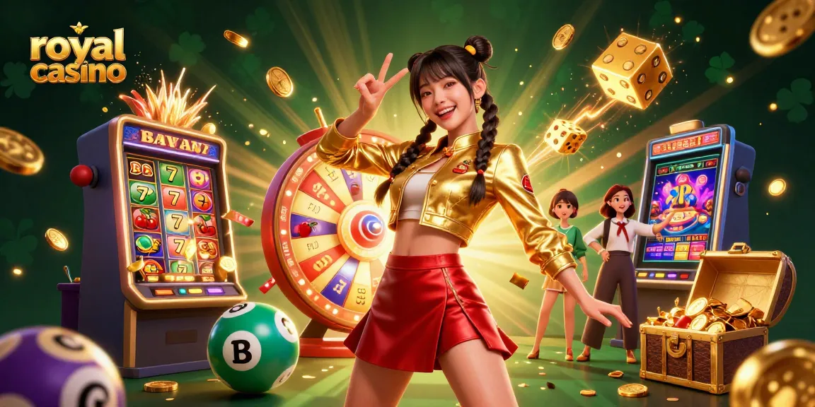 Engage with royal casino immersive experience featuring vibrant characters, slot machines, and lively gaming elements.