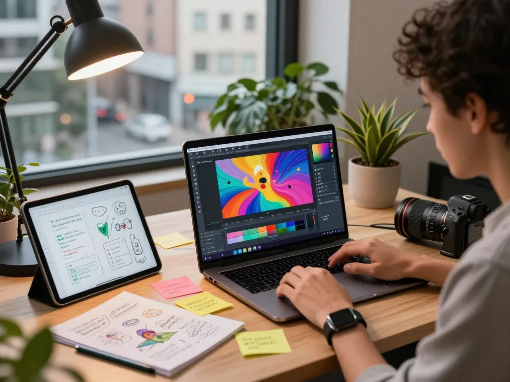 Creative professional using nano banana 2 AI image editor in a vibrant workspace.
