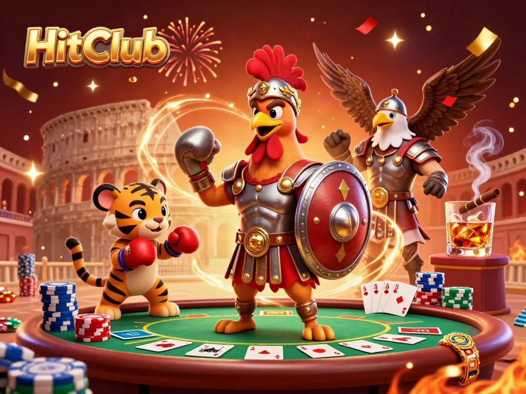 Engage with HitClub's dynamic casino atmosphere featuring a gladiator rooster and a tiger cub in action.